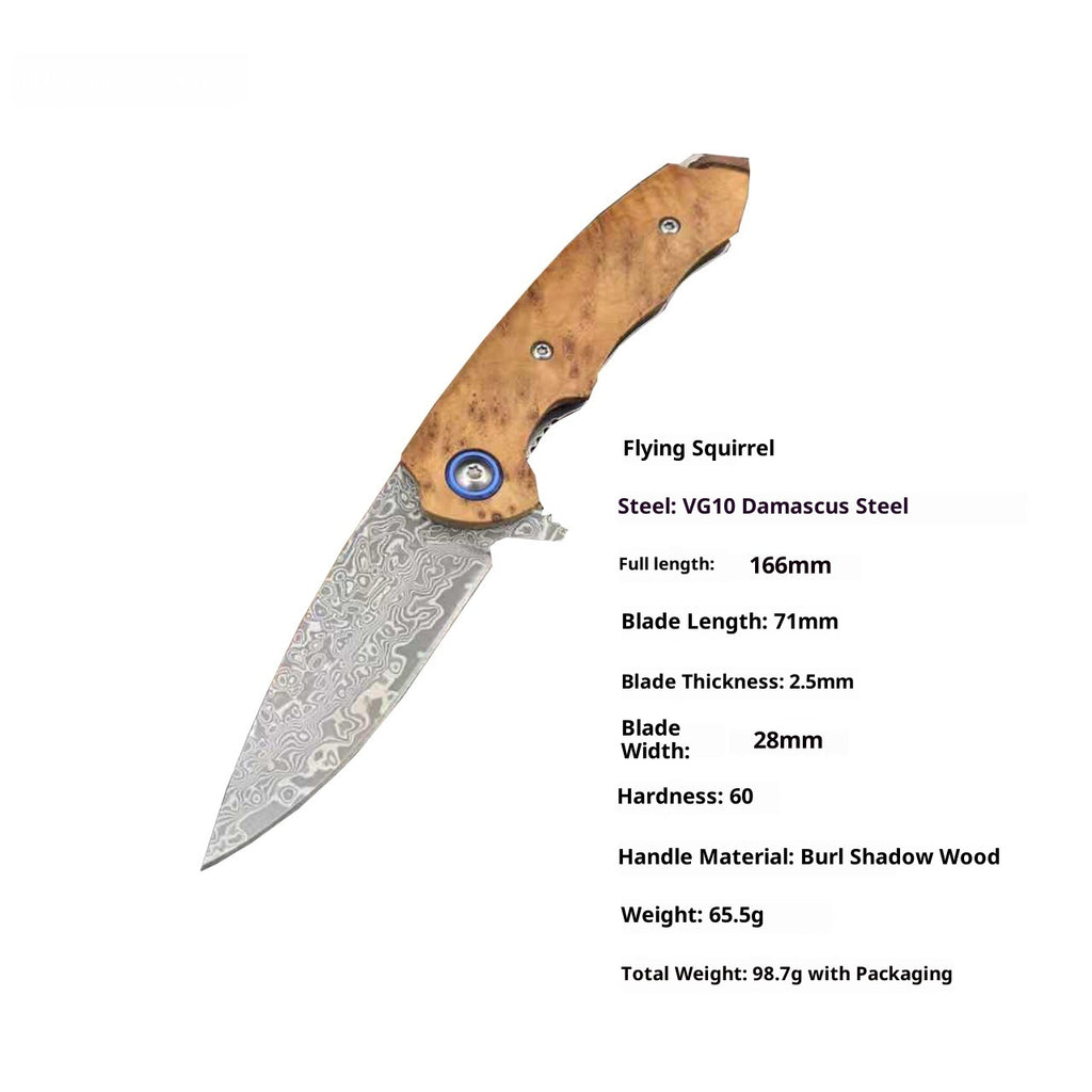 Damascus Steel Outdoor Portable Folding High-hardness Mini Knife Made Of Yaebai Wood
