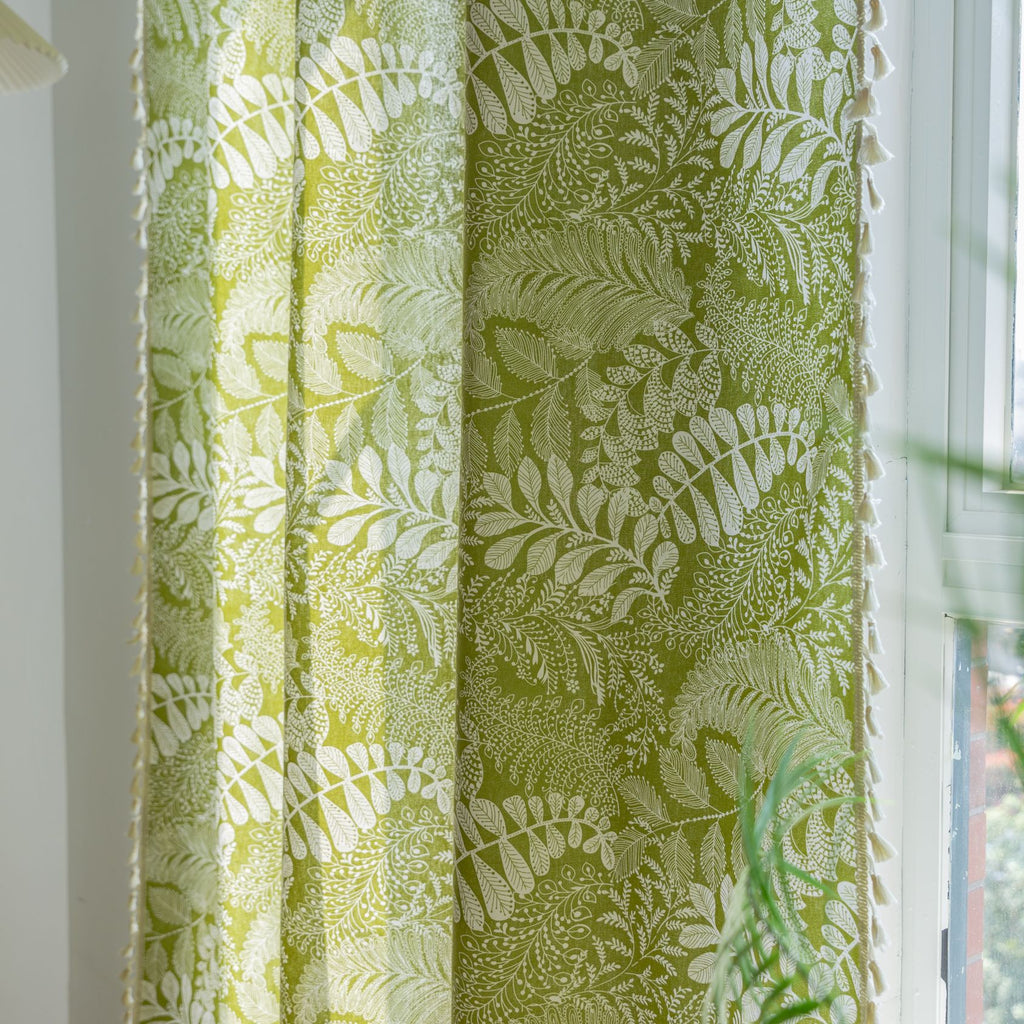 Green Plant Floral American Kitchen Print Fringe Curtain Complete Set Rod Style