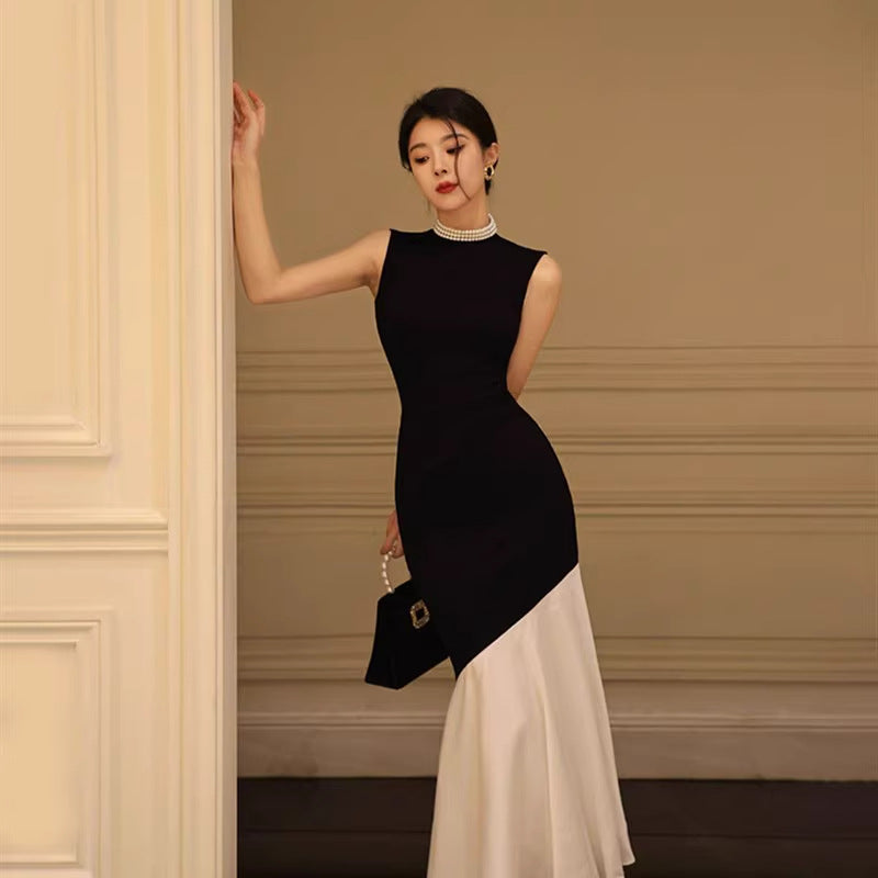 New Black Womens Summer Sleeveless Spliced Slim-fit Elegant Fish-tail Knit Maxi Dress