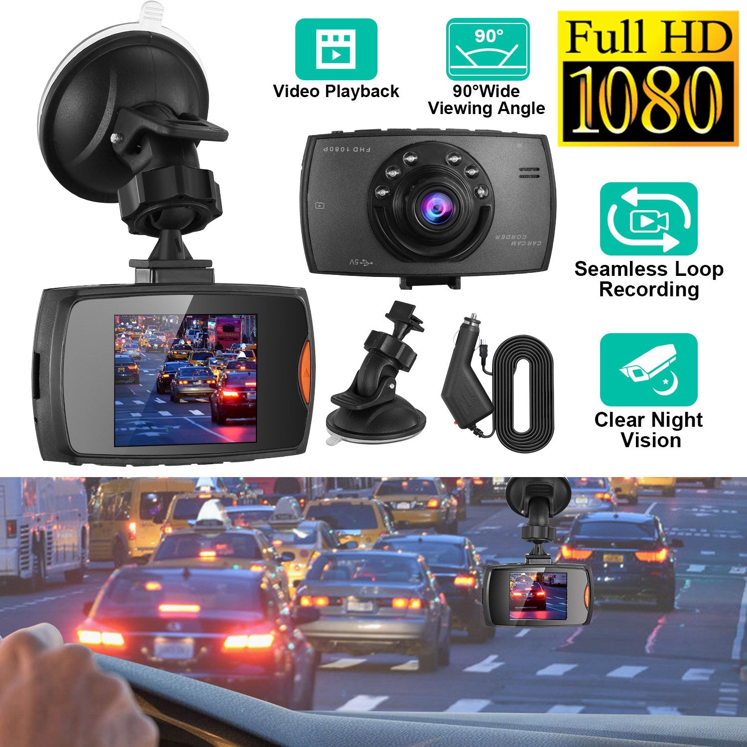 1080P Car DVR Camera Dash Cam Camcorder 90 Degree Angle Loop Record...