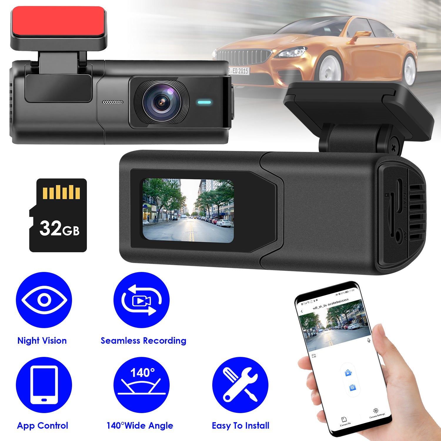 1Pc 2K HD Front Dash CamCarIPS Screen Night Vision Loop Recording I...