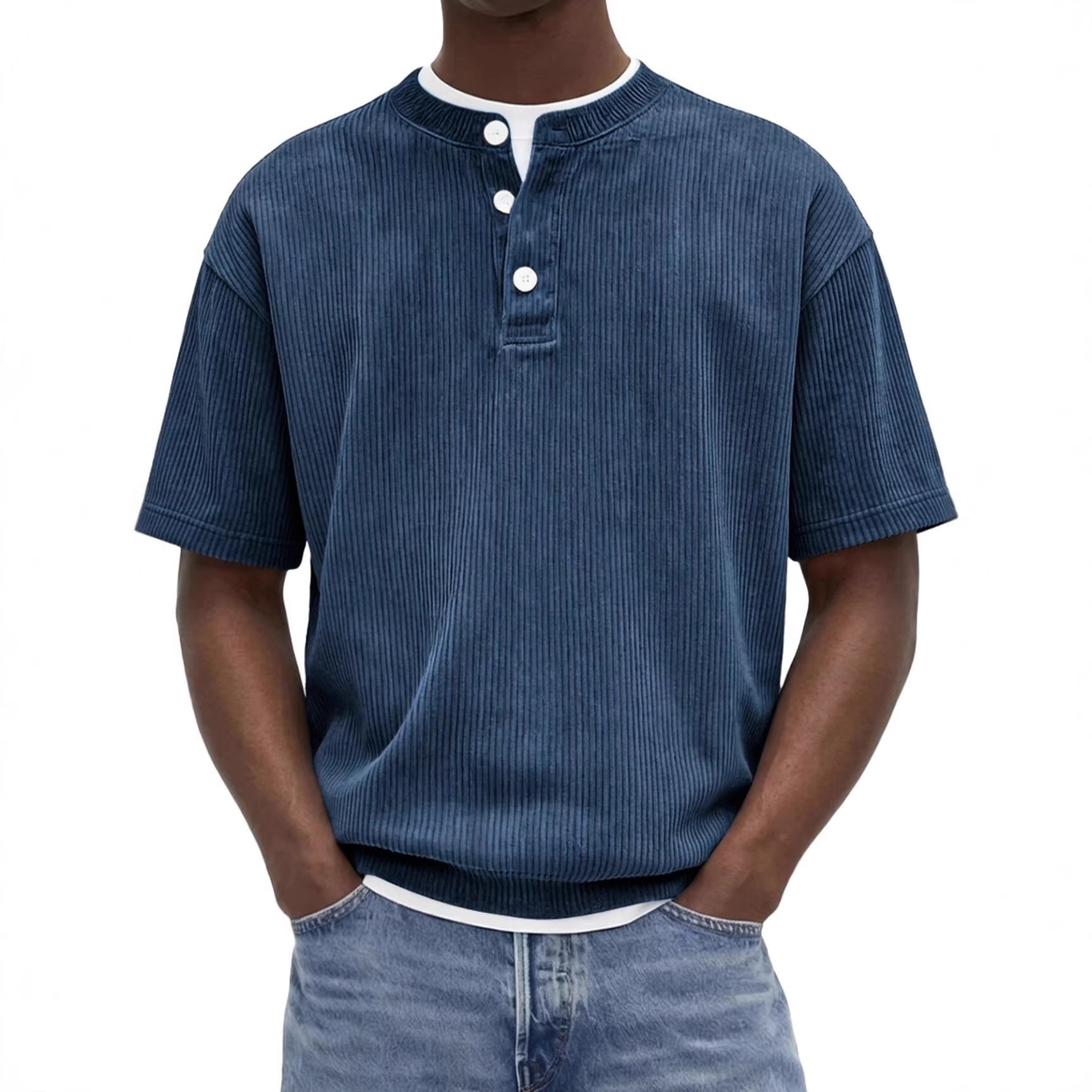 Summer New Mens Knitted T-shirt With Corduroy Short Sleeves