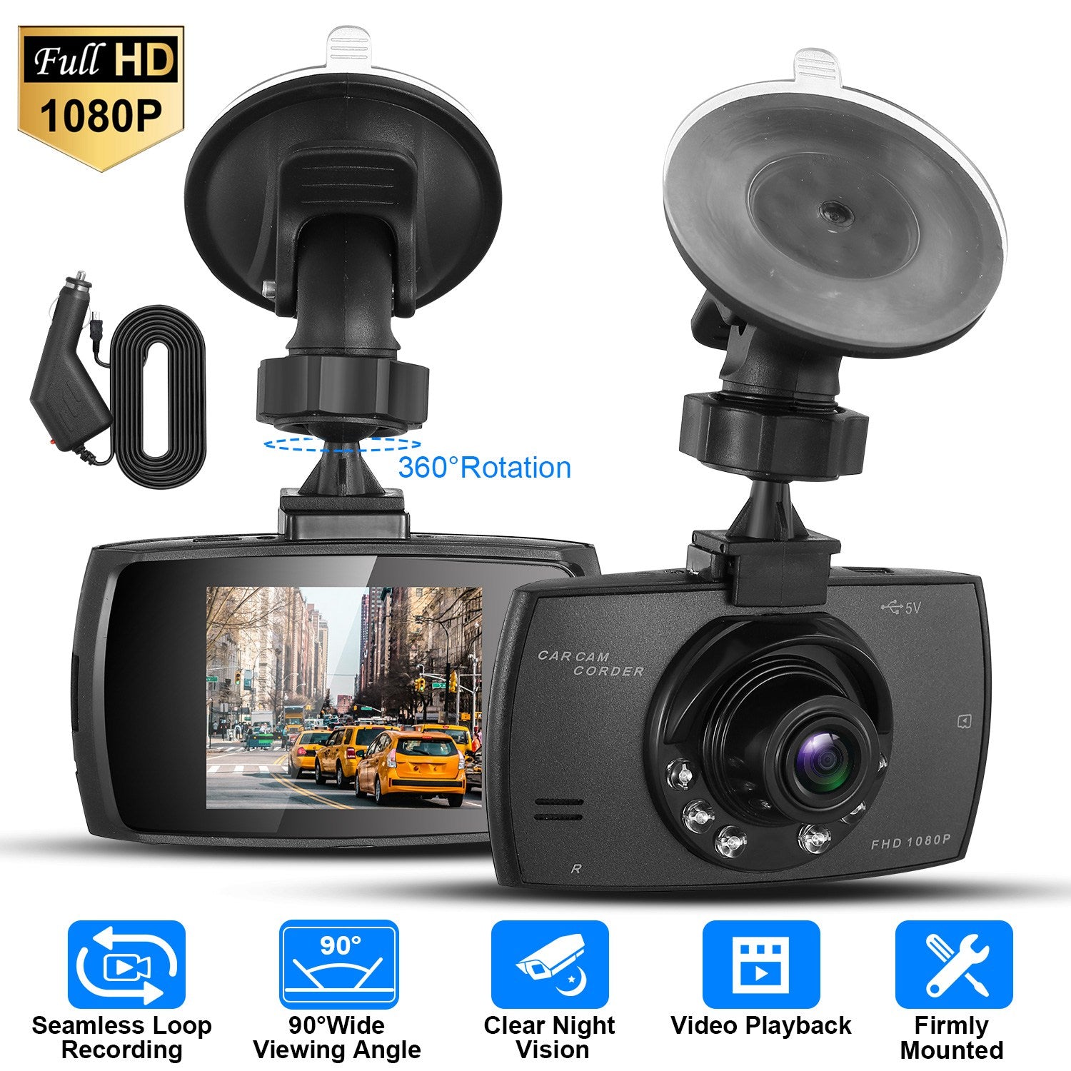 Full HD 1080P Car DVR Recorder, 90 Degree Wide Angle Dashcam, Night Vision With Infrared Lights, Seamless Loop Recording, Support Up To 32G MMC Card